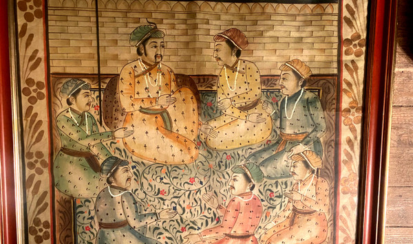 Beautiful large well framed 19th century Indian gouache depicting Dignitaries in a walled palace garden