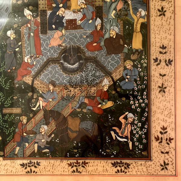 Well presented, a nice sized Persian miniature representing Characters in a Garden of Eden