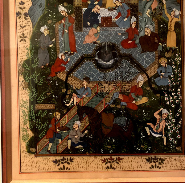 Well presented, a nice sized Persian miniature representing Characters in a Garden of Eden