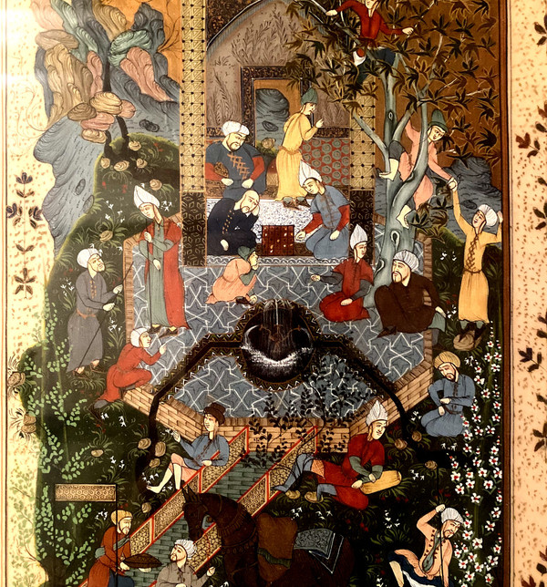 Well presented, a nice sized Persian miniature representing Characters in a Garden of Eden