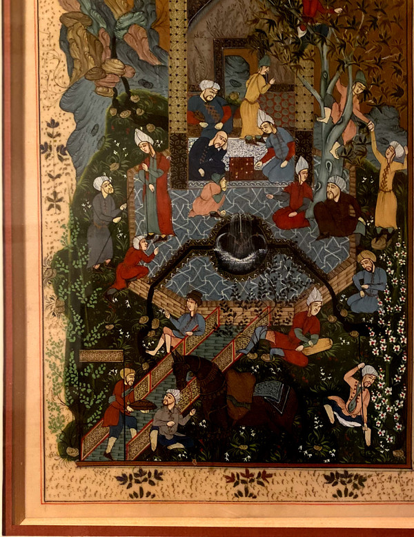 Well presented, a nice sized Persian miniature representing Characters in a Garden of Eden