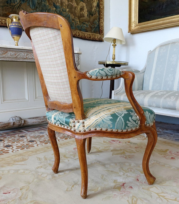 Suite De 4 Fauteuils Cabriolets d'époque Louis XV En Bois Naturel, Soierie Verte - 18th century