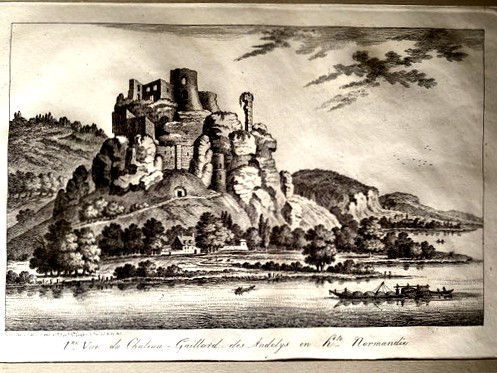 Paar goldene Stahlstiche im Baguetterahmen des romantischen Frankreichs, 1. und 2. Ansicht des Château Gaillard des Andelys in der oberen Normandie