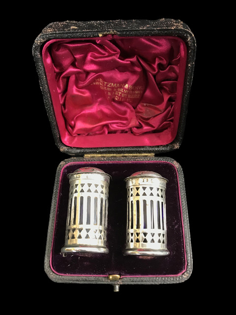 PAIR OF ANTIQUE STERLING SILVER SALIERES ( ENGLISH ) IN THEIR CASE