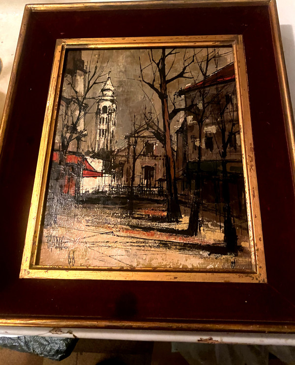  Bellissima e strana veduta di Montmartre nel 1966 olio su tela firmato Franc , seguace di Buffet