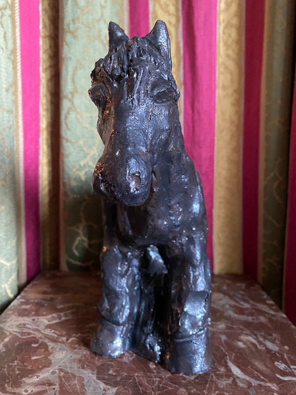 Original black metallic glazed terracotta of a Percheron draught horse from the 70's signed Val