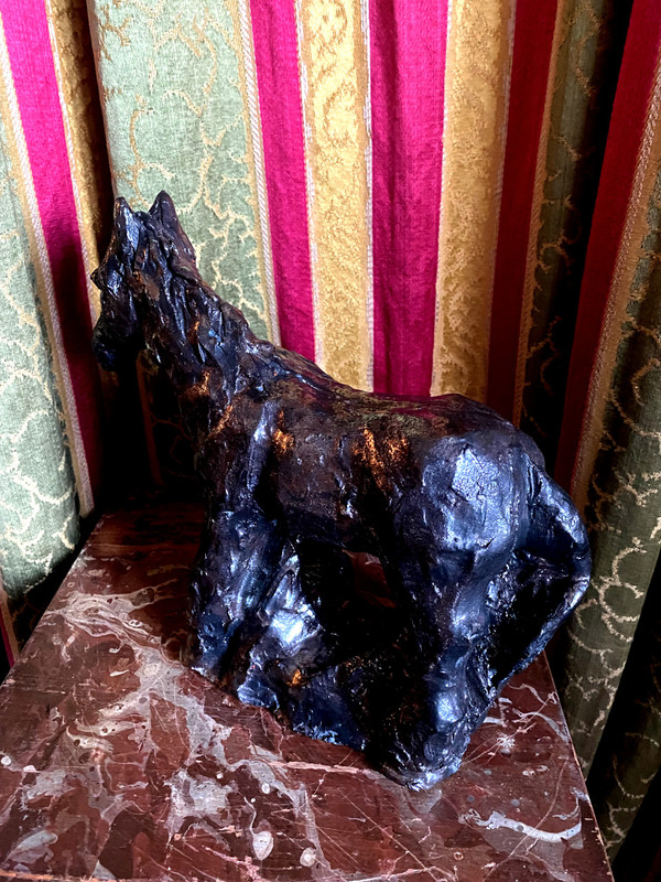 Original black metallic glazed terracotta of a Percheron draught horse from the 70's signed Val