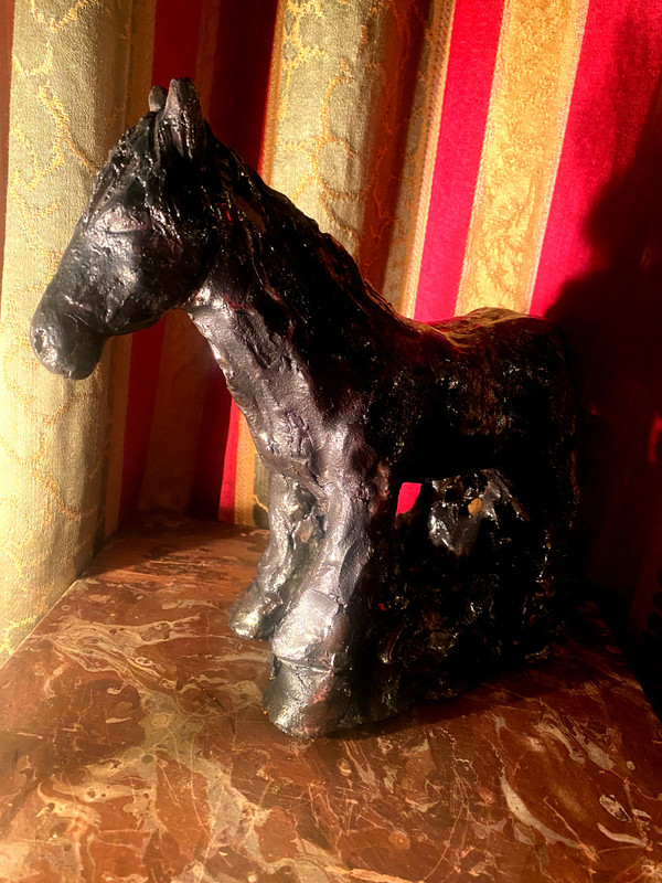 Original black metallic glazed terracotta of a Percheron draught horse from the 70's signed Val