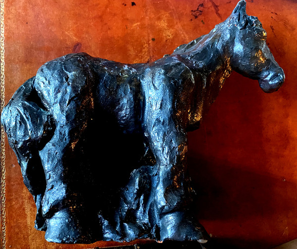 Original black metallic glazed terracotta of a Percheron draught horse from the 70's signed Val