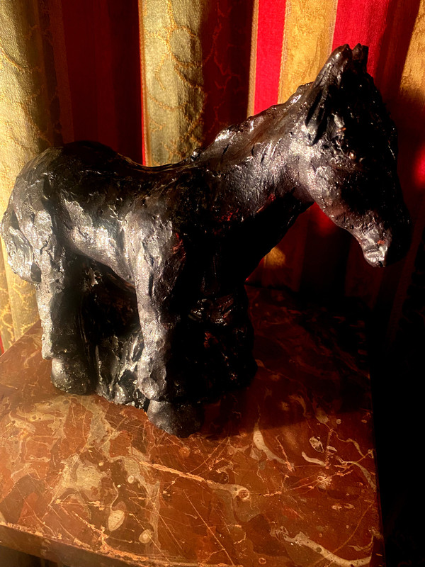 Original black metallic glazed terracotta of a Percheron draught horse from the 70's signed Val