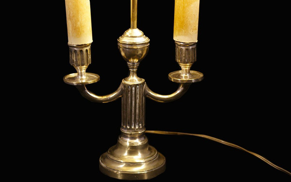 Lampada Bouillotte, 2 luci, XIX secolo, bronzo argentato