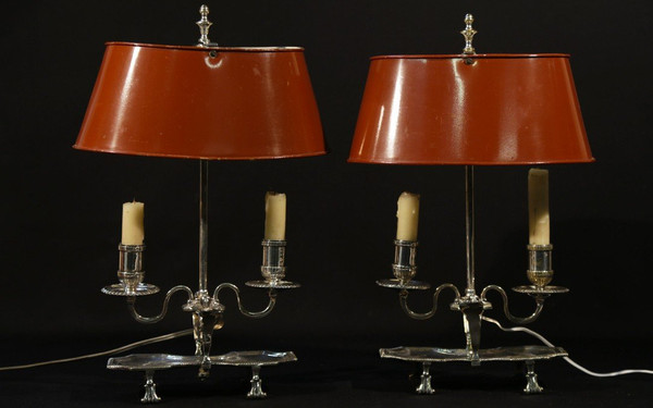 Paire De Lampes Bouillotte, Bronze Argenté, XIXème, électrifiées