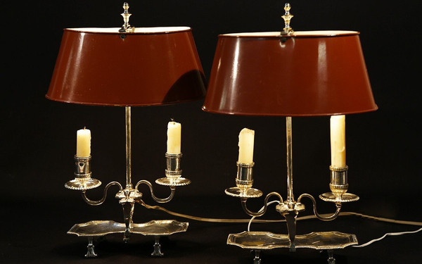 Paire De Lampes Bouillotte, Bronze Argenté, XIXème, électrifiées