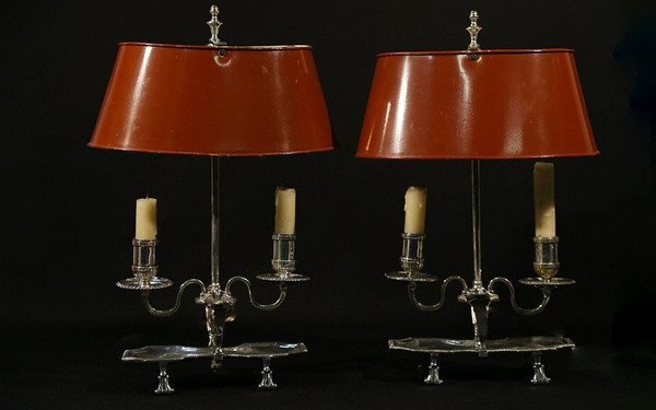 Paire De Lampes Bouillotte, Bronze Argenté, XIXème, électrifiées