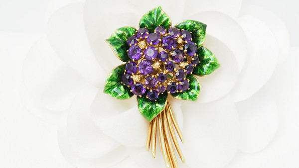 Yellow Gold, Amethyst And Enamel Brooch