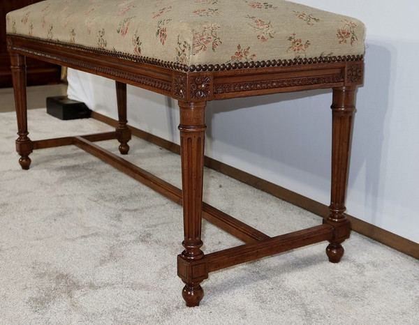 Long solid walnut bench seat, Louis XVI style - 1900