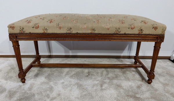 Long solid walnut bench seat, Louis XVI style - 1900