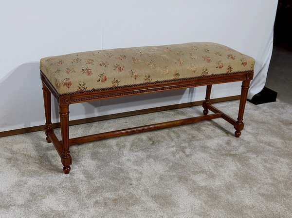 Long solid walnut bench seat, Louis XVI style - 1900