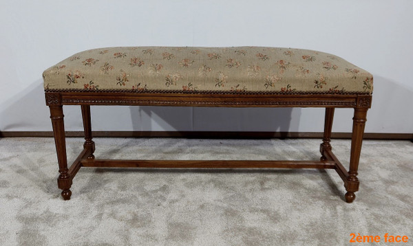 Long solid walnut bench seat, Louis XVI style - 1900