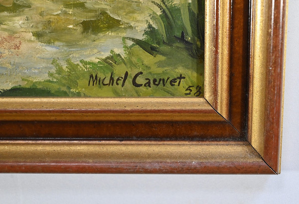 Oil painting on wood, signed M.Cauvet - 1958