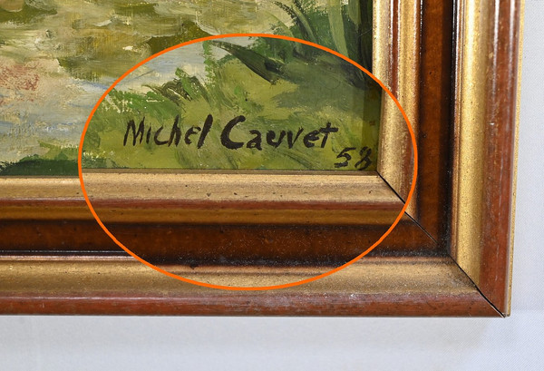 Oil painting on wood, signed M.Cauvet - 1958