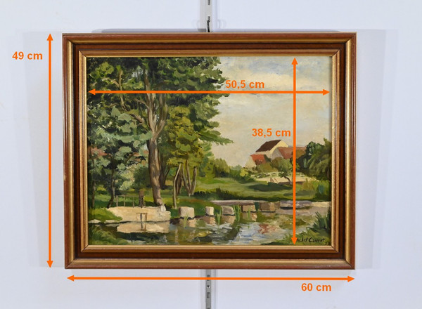 Oil painting on wood, signed M.Cauvet - 1958