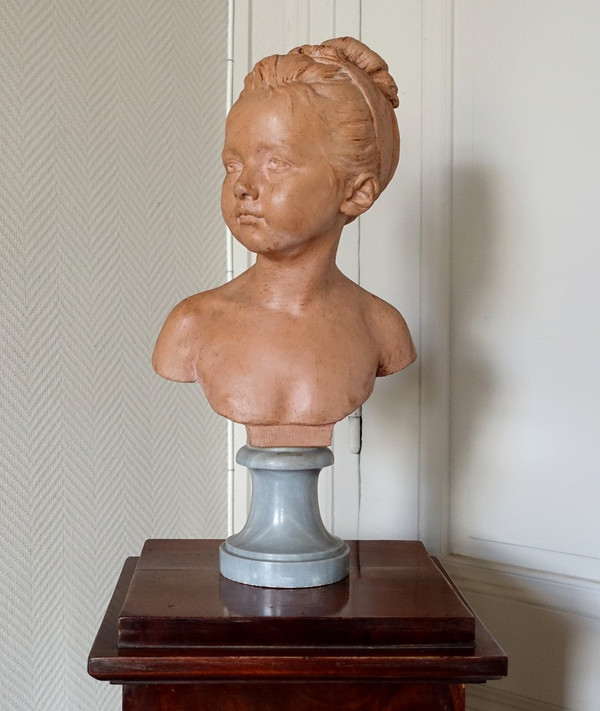 Busto di Louise Brongniart secondo Houdon, terracotta e marmo turchese, fine del XIX secolo - 45 cm