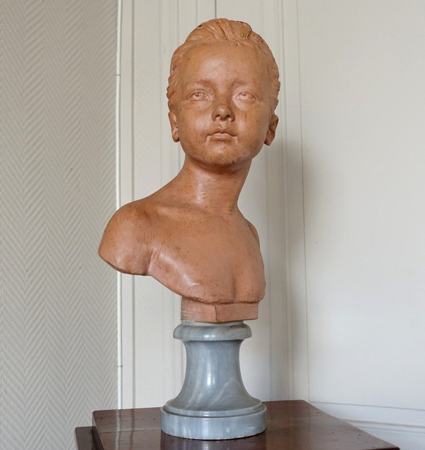 Busto di Louise Brongniart secondo Houdon, terracotta e marmo turchese, fine del XIX secolo - 45 cm