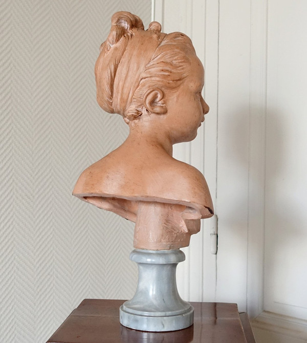 Busto di Louise Brongniart secondo Houdon, terracotta e marmo turchese, fine del XIX secolo - 45 cm