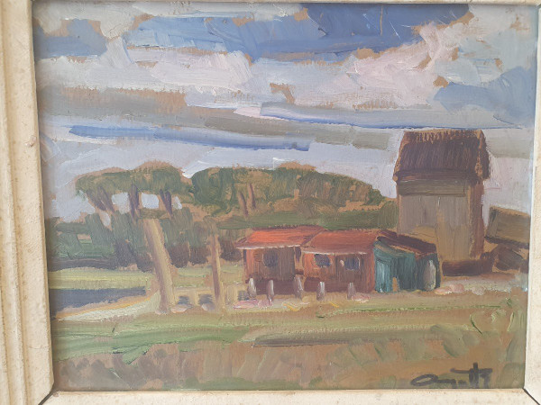 Léo Ayotte (1909-1976) , Paysage à La Cabane , Oil on cardboard , XX°.