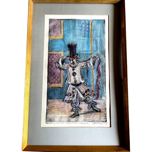 Beautiful etching by Norwegian artist Knut Tiberg depicting a Clown from the "80s".