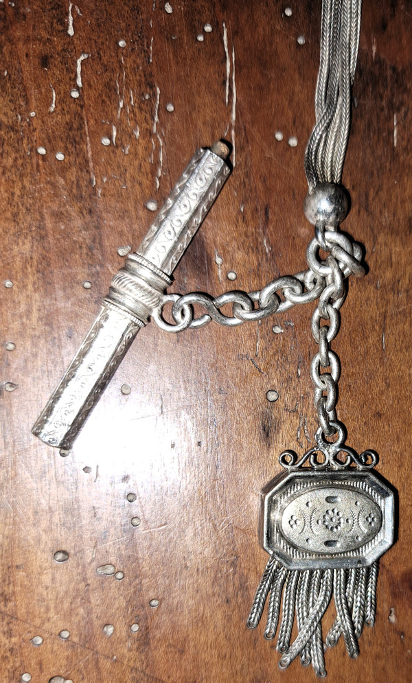 Pocket watch with silver clamshell chatelaine