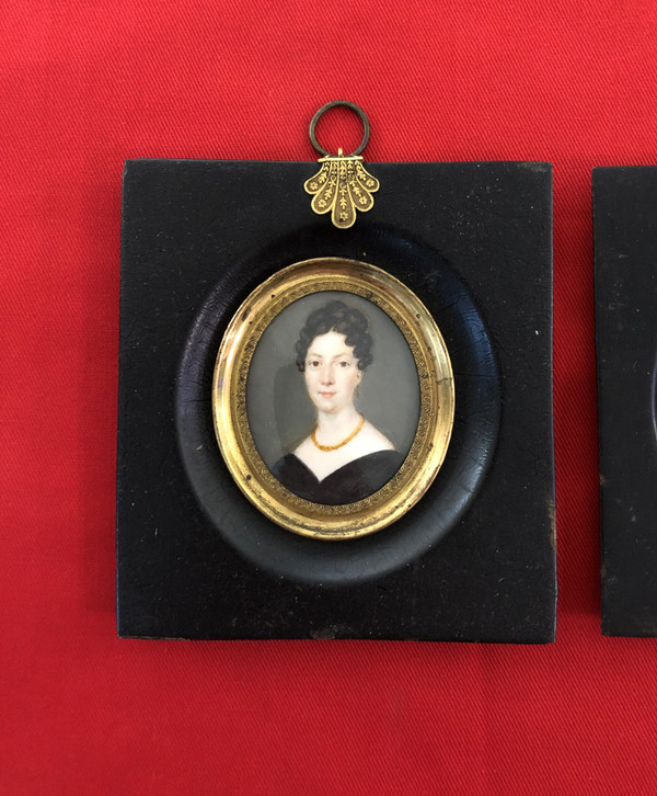 Old pair of miniatures from the EMPIRE period, portrait of a couple, 19th century painting