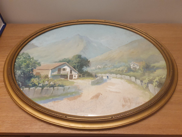 Ch. Audin , Montagne e case nei Paesi Baschi , Gouache , Anno 20/30 .