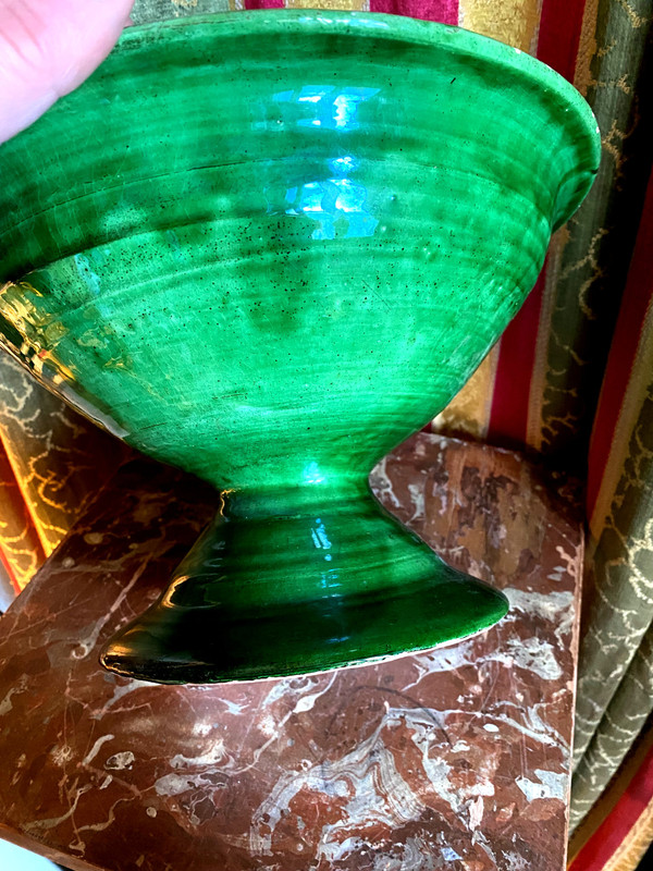 Generous raw green enameled Uzès earthenware bowl on pedestal from the end of the 19th century