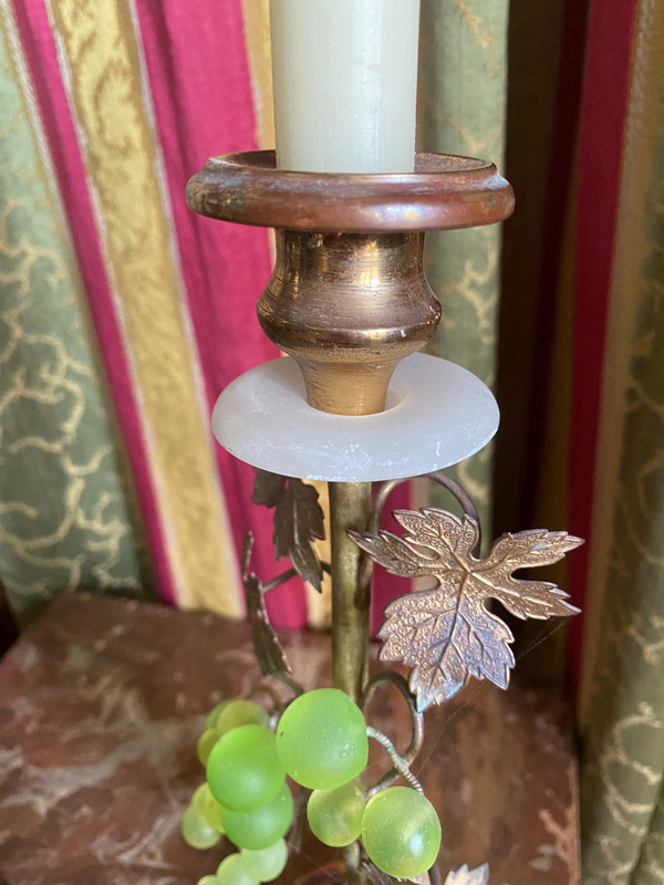 Pair of 19th century gilded copper candlesticks with glass paste grape clusters and vine leaves on shower stand