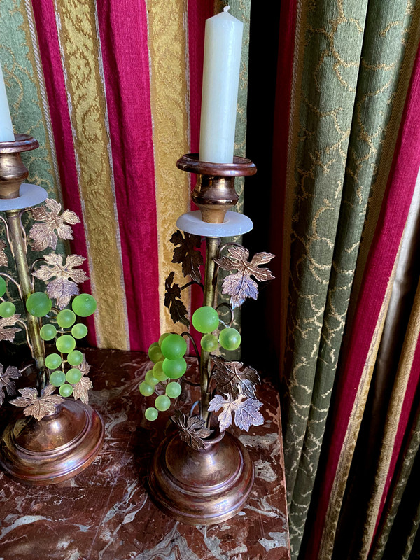 Pair of 19th century gilded copper candlesticks with glass paste grape clusters and vine leaves on shower stand