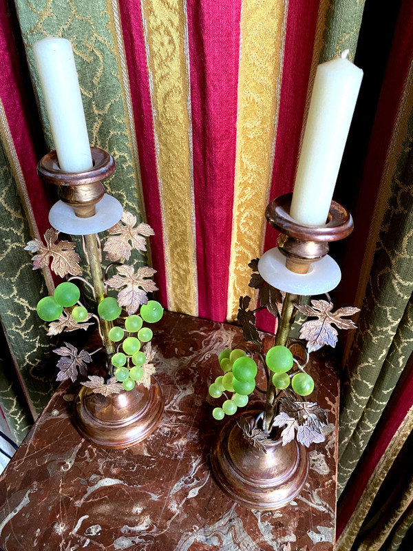 Pair of 19th century gilded copper candlesticks with glass paste grape clusters and vine leaves on shower stand