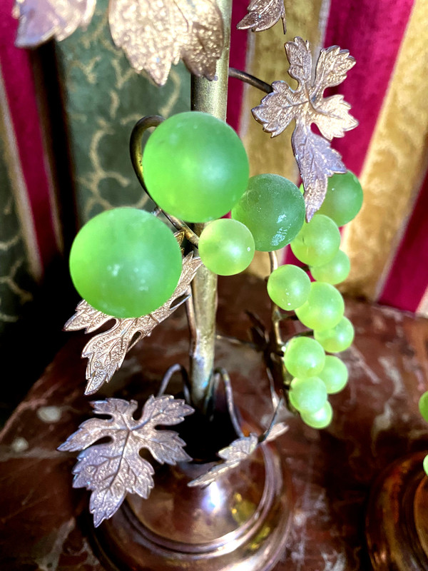 Pair of 19th century gilded copper candlesticks with glass paste grape clusters and vine leaves on shower stand