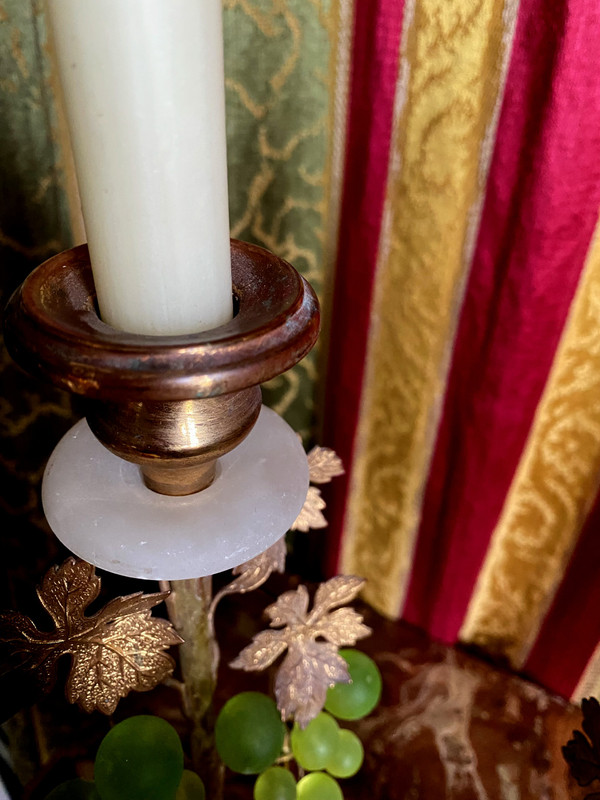 Pair of 19th century gilded copper candlesticks with glass paste grape clusters and vine leaves on shower stand