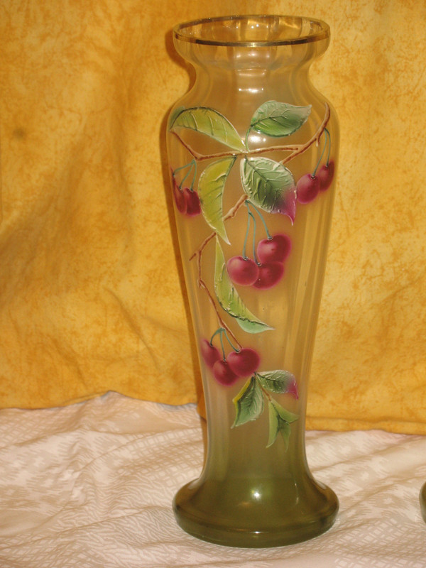 Pair of enameled glass vases decorated with cherries, early 20th century