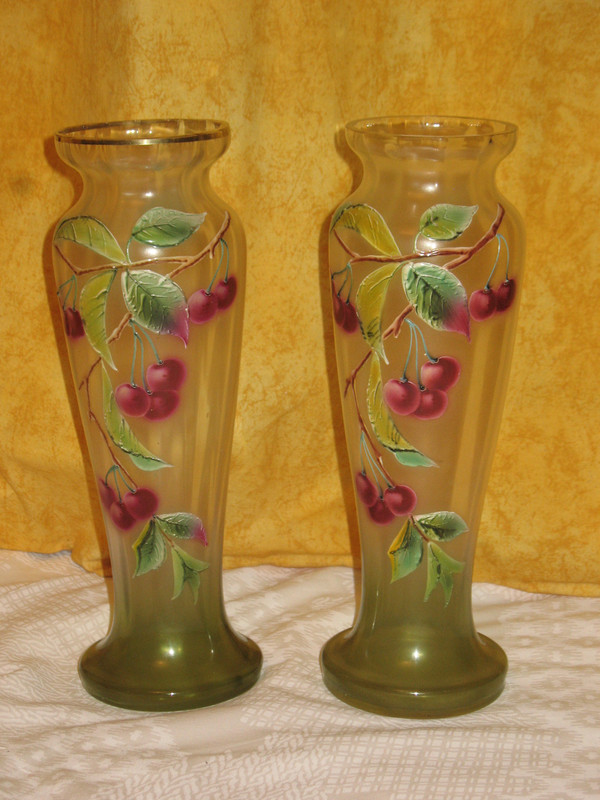 Pair of enameled glass vases decorated with cherries, early 20th century