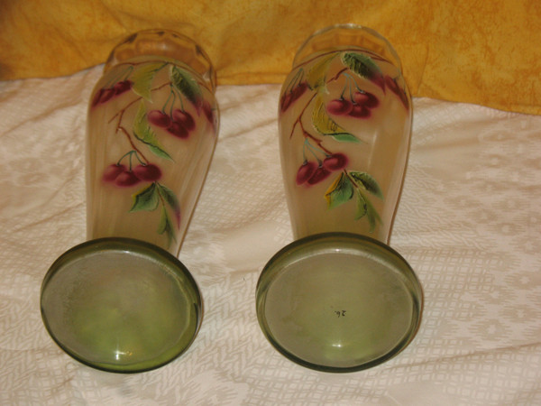 Pair of enameled glass vases decorated with cherries, early 20th century