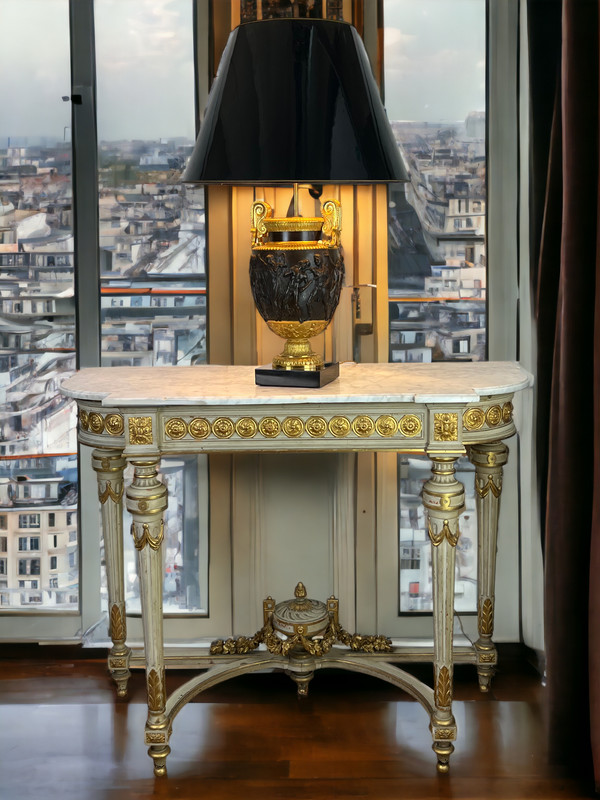 1/2 MOON CONSOLE IN LACQUERED AND GILT WOOD, NAPOLEON III PERIOD WITH A MARBLE TOP