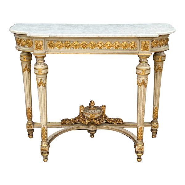 1/2 MOON CONSOLE IN LACQUERED AND GILT WOOD, NAPOLEON III PERIOD WITH A MARBLE TOP