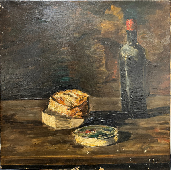 Léon Jules Effinger (1892-1967) - Natura morta con formaggio e bottiglia di vino, 1920 circa