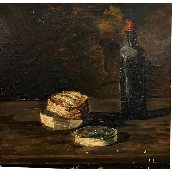 Léon Jules Effinger (1892-1967) - Natura morta con formaggio e bottiglia di vino, 1920 circa