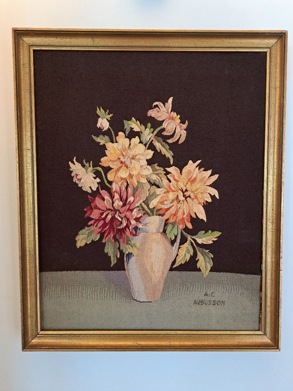 Painting, Still Life With Dahlias, Aubusson, 19th century.