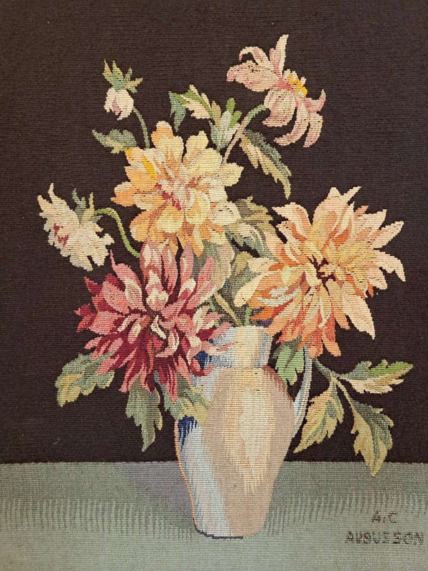 Painting, Still Life With Dahlias, Aubusson, 19th century.