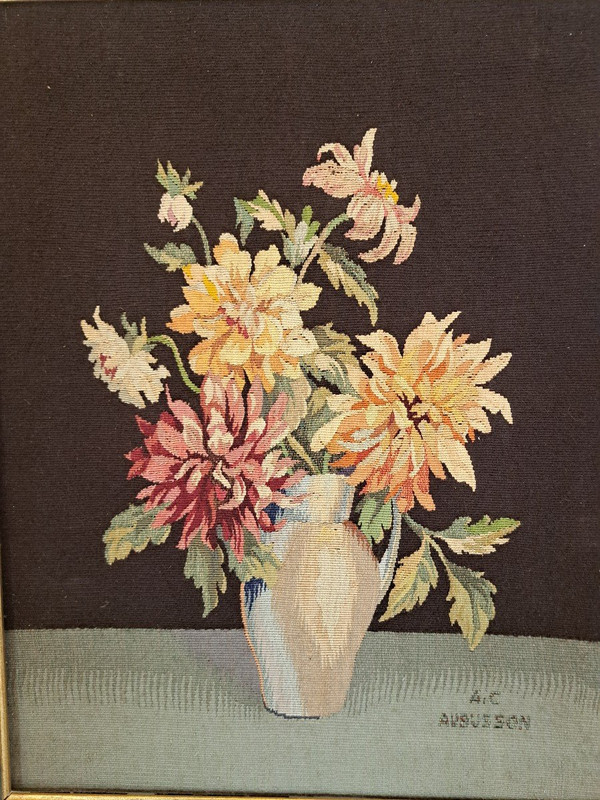 Painting, Still Life With Dahlias, Aubusson, 19th century.